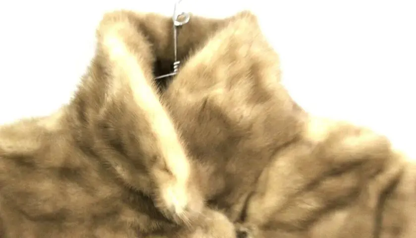 Abrigo de piel color caramelo, digno de una mob wife, colgado en una percha.