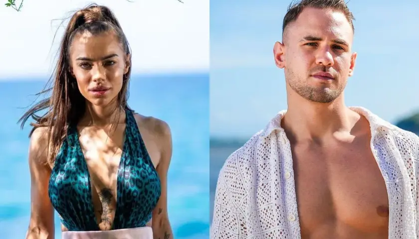 Hotel Paradise: zawodnicy, młoda kobieta w bikini i mężczyzna w ażurowej koszuli na tle błękitnego nieba i morza.