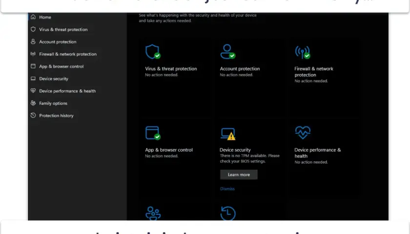 Interfejs Windows Defender pokazuje status ochrony: wirusów, konta, sieci i aplikacji. Wszystko działa poprawnie.