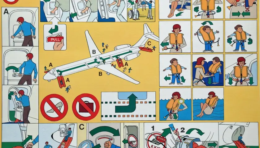 Sicherheitsanweisungen für Flugzeuge: Evakuierung, Schwimmwesten anlegen und Notrutschen nutzen. So sicher ist fliegen.