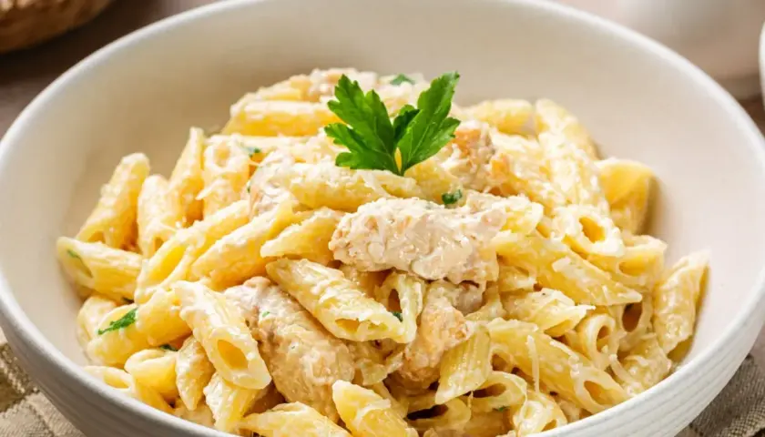 Penne z kurczakiem w kremowym sosie, posypane parmezanem i udekorowane natką pietruszki. Pyszne danie na obiad.