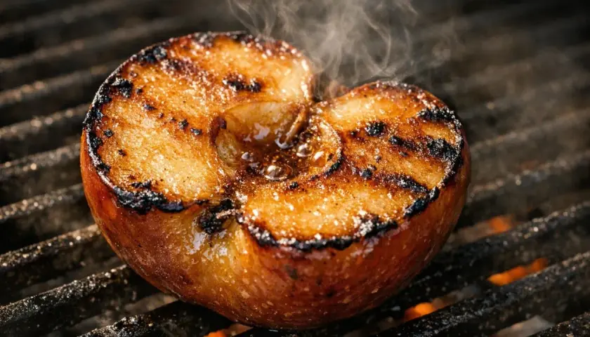 Une pomme au barbecue, caramélisée et fumante, avec des marques de grill. Un délice sucré et salé.