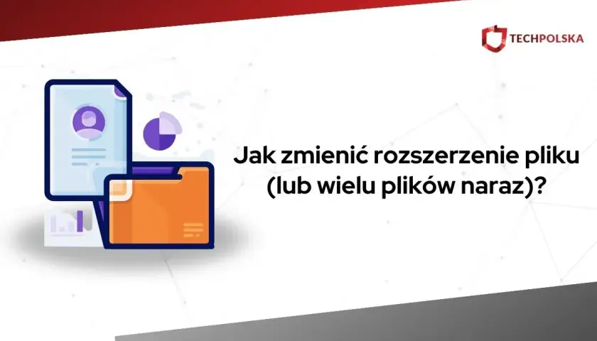 Ilustracja pokazuje, jak zmienić rozszerzenie pliku. Ikony dokumentów i folderów sugerują zarządzanie plikami.