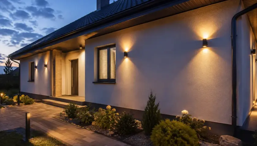 Eleganckie oświetlenie elewacji domu parterowego podkreśla architekturę i tworzy przytulną atmosferę.