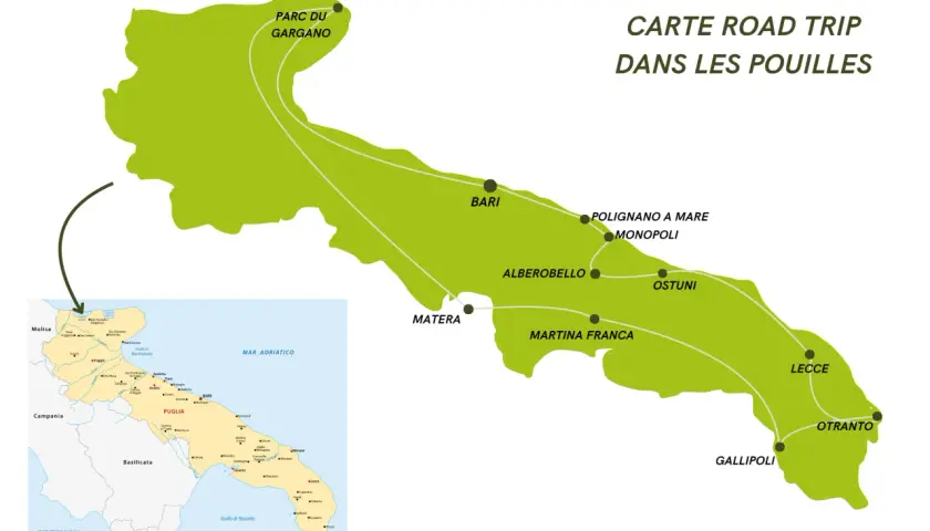 Carte d'un road trip en camping-car dans les Pouilles, montrant le trajet de Gargano à Otranto, en passant par Bari, Alberobello et Lecce.