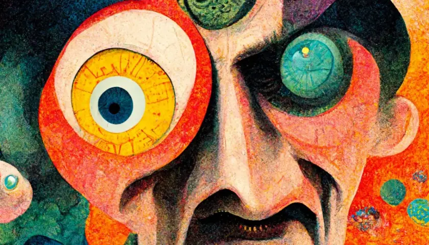 Surrealistyczny portret w stylu dadaizmu z wielkimi, wyrazistymi oczami i zdeformowaną twarzą.