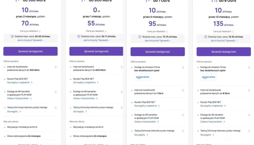 Oferty światłowód plus: do 300 Mb/s za 10 zł/mies., do 600 Mb/s za 0 zł/mies., do 1 Gb/s za 10 zł/mies., do 8 Gb/s za 10 zł/mies.