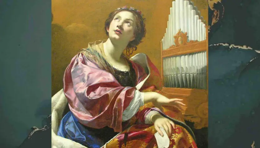Santa Celia, patrona de la música, mira al cielo junto a un órgano. ¡Qué día tan inspirador para componer!