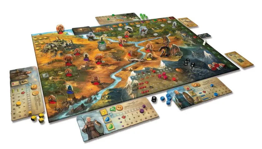 Fantasy-Brettspiel mit Drachen, Burgen und Spielfiguren. Ideal für kooperative Brettspiele Erwachsene, die Abenteuer lieben.