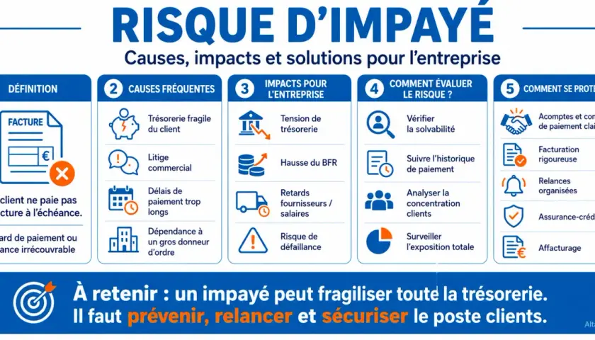 Infographie sur le risque d'impayé : causes, impacts et solutions pour l'entreprise. Évaluez le risque et protégez-vous de l'obligation bancaire.