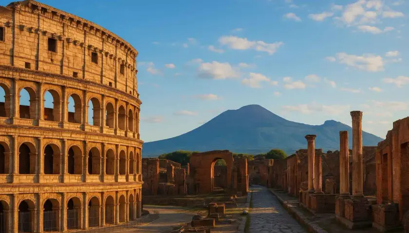 Le Colisée de Rome et les ruines de Pompéi sous le Vésuve. Un voyage à travers l'histoire antique.