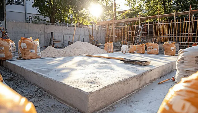 Chantier de construction : une dalle de béton fraîchement coulée, des sacs de ciment et du sable. Faut-il déclarer une terrasse en béton ?