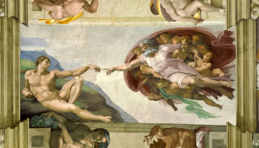 Michelangelo's "The Creation of Adam" fresco depicts God reaching out to Adam, a powerful moment captured in wet plaster.