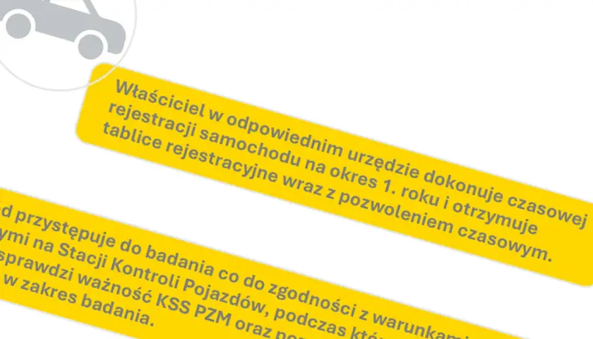 Szary symbol samochodu obok żółtego paska z tekstem o czasowej rejestracji pojazdu i badaniach technicznych.