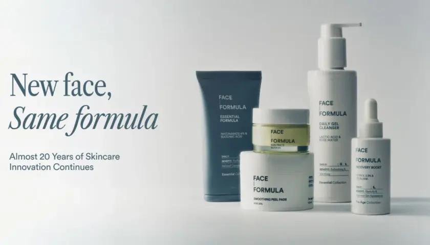 Face Formula-produkter i minimalistisk design. Texten "New face, Same formula" antyder en beprövad hudvårdsformel.