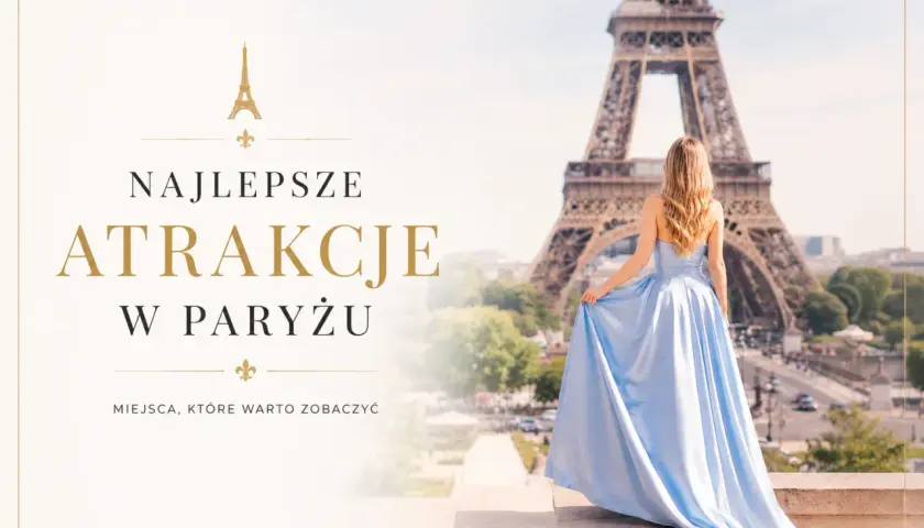 Kobieta w błękitnej sukni na tle Wieży Eiffla w Paryżu.