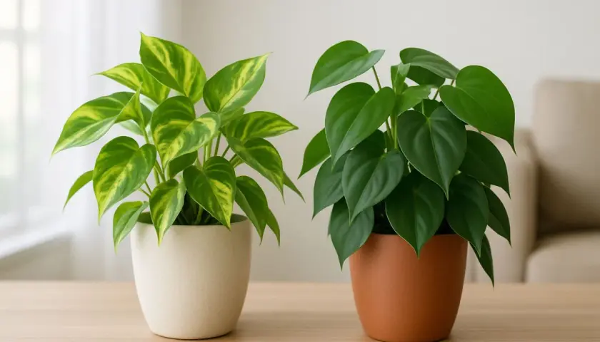 Zwei Zimmerpflanzen auf einem Holztisch. Links ein Philodendron mit gelb-grünen Blättern, rechts ein Philodendron efeutute mit dunkelgrünen, herzförmigen Blättern.
