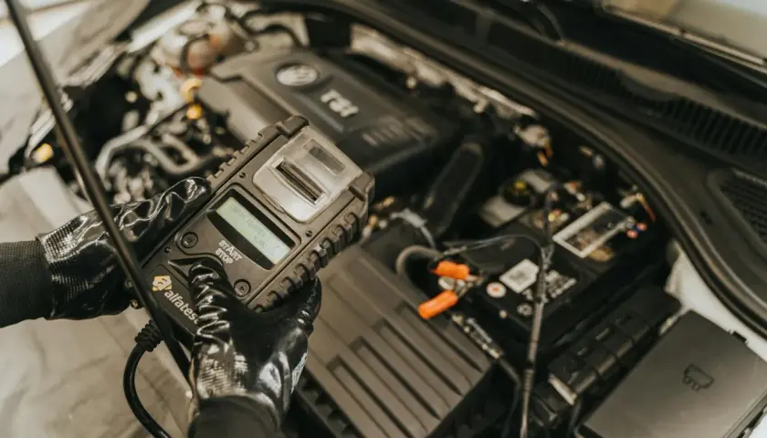 Mechanik w rękawiczkach sprawdza stan akumulatora za pomocą testera, który może również diagnozować czujnik halla w samochodzie.