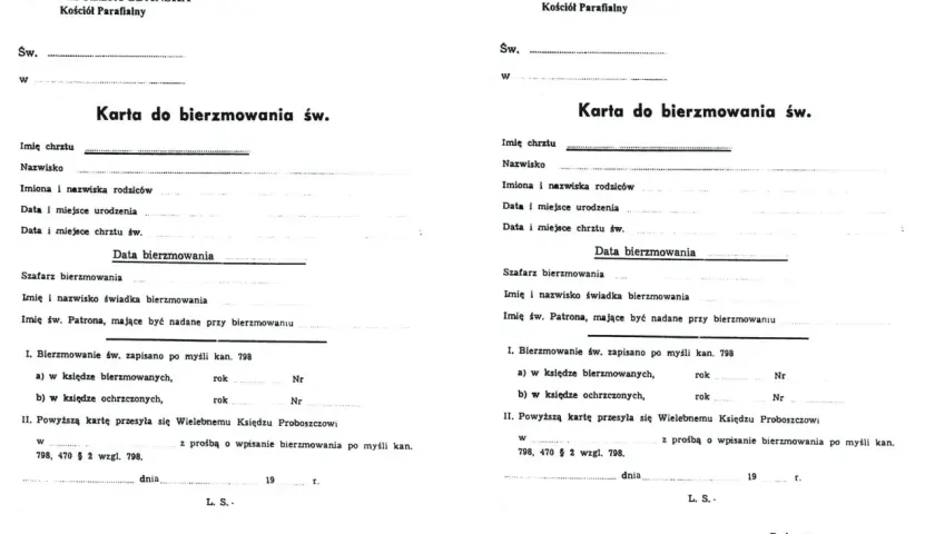 Karta do bierzmowania św. - dokument potrzebny, by uzyskać zaświadczenie o bierzmowaniu. Wypełnij dane chrztu, urodzenia i bierzmowania.