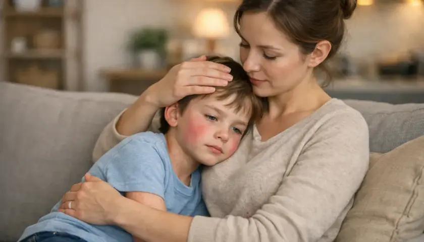 Une mère réconforte son fils malade, le visage rouge et couvert de boutons, possiblement un test scarlatine pharmacie.