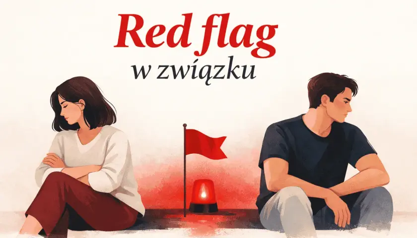 Para siedzi odwrócona od siebie, z czerwoną flagą i sygnałem ostrzegawczym między nimi. To znak, że w związku pojawiły się czerwone flagi.