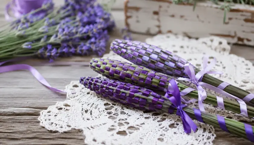 Drei geflochtene Lavendel-Stäbe mit lila Bändern auf einer Spitzendecke. Im Hintergrund ein Bund frischer Lavendel.