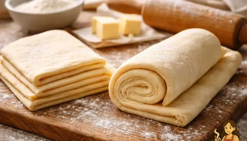 Pasta sfoglia veloce pronta per essere utilizzata. Ingredienti base per dolci e salati, con rotolo e sfoglie impilate.