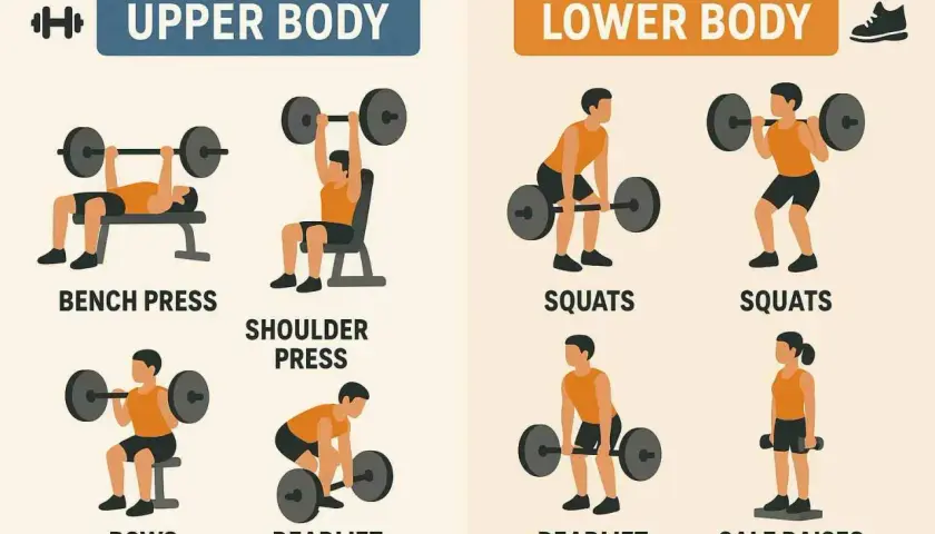 Übungsauswahl für einen natürlichen Bodybuilding Trainingsplan: Oberkörper (Bankdrücken, Schulterdrücken, Rudern) und Unterkörper (Kniebeugen, Kreuzheben, Wadenheben).