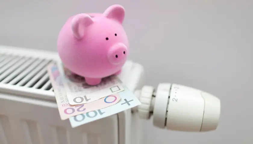 Różowa świnka-skarbonka na grzejniku z polskimi banknotami. Czy to symbol oszczędzania na rachunki, czy bon energetyczny dla każdego?