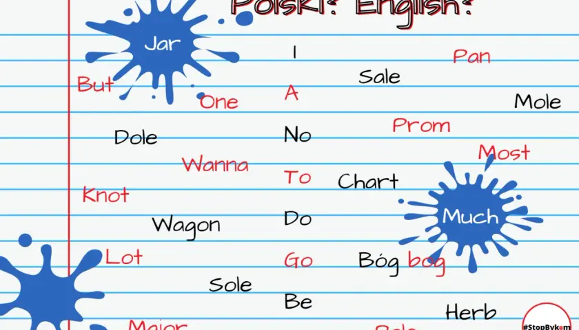 Polski? English?" - lista słów, gdzie niektóre angielskie słowa brzmią jak polskie, np. "Jar" i "Much".