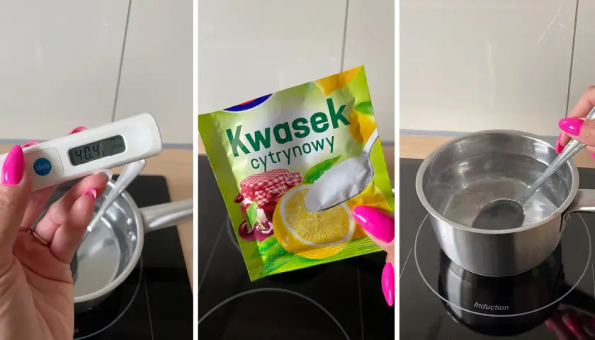 Przygotowanie roztworu do odkamieniania ekspresu kwaskiem cytrynowym. Woda w garnuszku ma 40.4°C.
