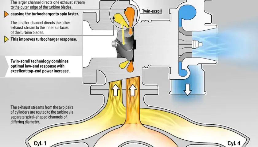 Schemat turbosprężarki typu twin-scroll. Dwa strumienie spalin z cylindrów silnika kierowane są do turbiny, poprawiając jej reakcję i moc.