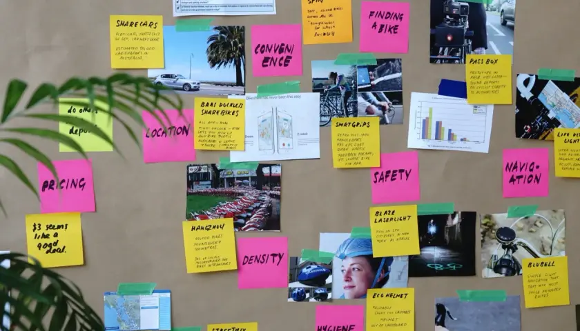 Lavagna con post-it e immagini su mobilità ciclistica. Parole in inglese facili come "Pricing", "Safety", "Location" e "Hygiene" sono scritte su post-it colorati.