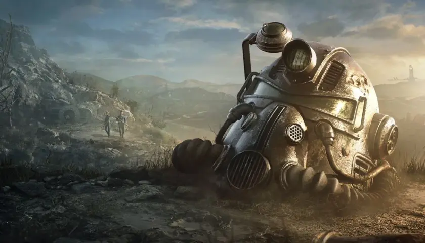 Zbroja z Fallout 76 leży na ziemi, dwójka graczy idzie w tle. Sprawdź fallout 76 wymagania!