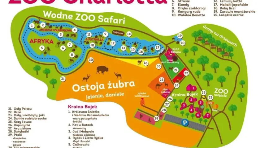 Mapa Zoo Charlotta: Wodne Zoo Safari, Ostoja Żubra, Kraina Bajek. Idealne słupsk atrakcje dla dzieci, z podziałem na kontynenty i bajkowe krainy.
