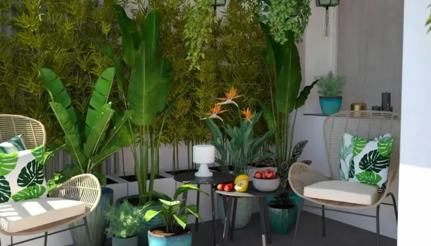 Zielony, bujny balkon z rattanowymi meblami, roślinami i kwiatami rajskiego ptaka.
