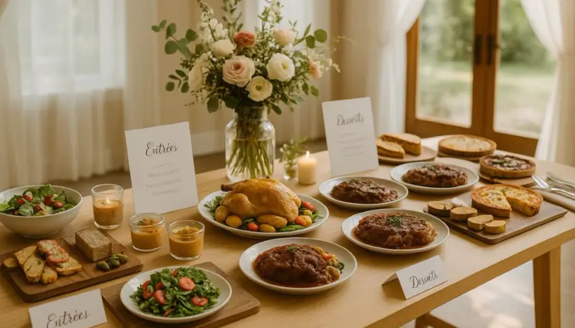 Table dressée avec un menu de mariage d'été : poulet rôti, salades, tartes et entrées.