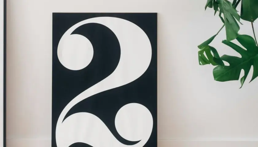 Póster minimalista con el número 2 en blanco sobre fondo negro, evocando su 2 significado espiritual. Una planta verde decora la escena.