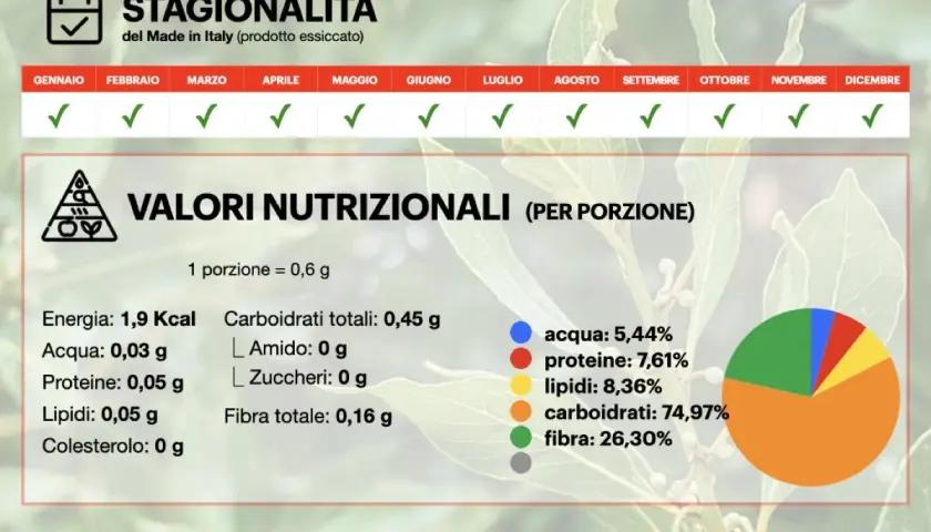 Valori nutrizionali e stagionalità dell'alloro. Scopri le proprietà di questa spezia, disponibile tutto l'anno.