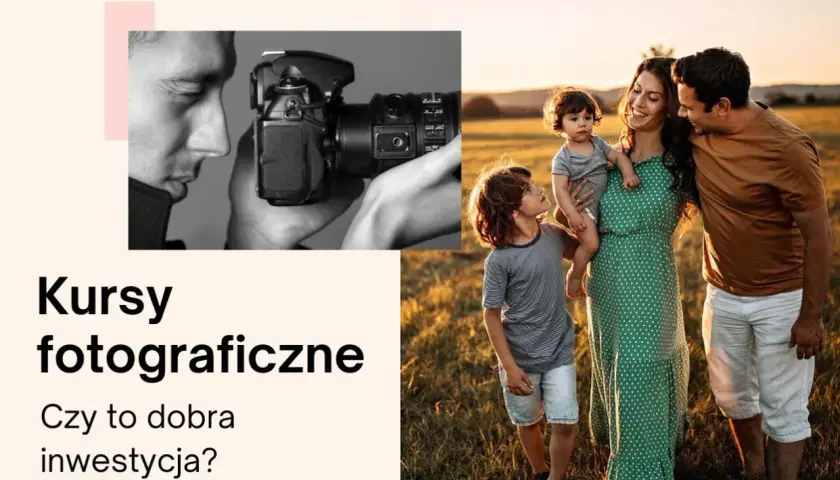 Kursy fotograficzne: mężczyzna z aparatem i szczęśliwa rodzina na tle zachodzącego słońca.