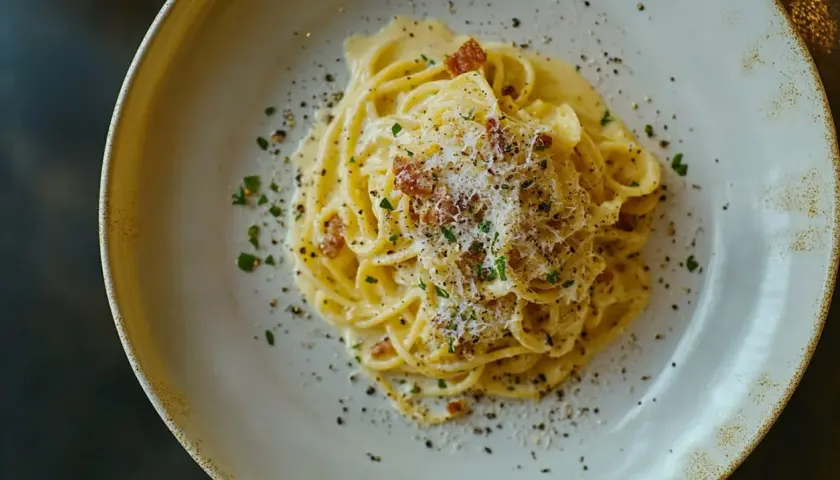 Ein Teller cremiger Spaghetti Carbonara, bestreut mit Pecorino, schwarzem Pfeffer und knusprigen Speckwürfeln.