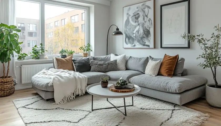 Gemütliches Wohnzimmer im skandinavischen einrichtungsstil mit großem Ecksofa, weißem Teppich und vielen Pflanzen.