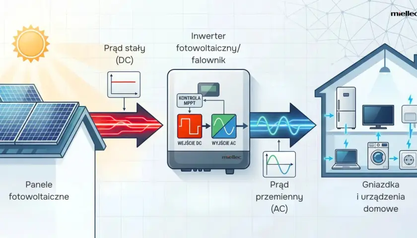 Schemat pokazuje, jak panele fotowoltaiczne generują prąd stały (DC), który falownik przekształca w prąd zmienny (AC) dla urządzeń domowych.