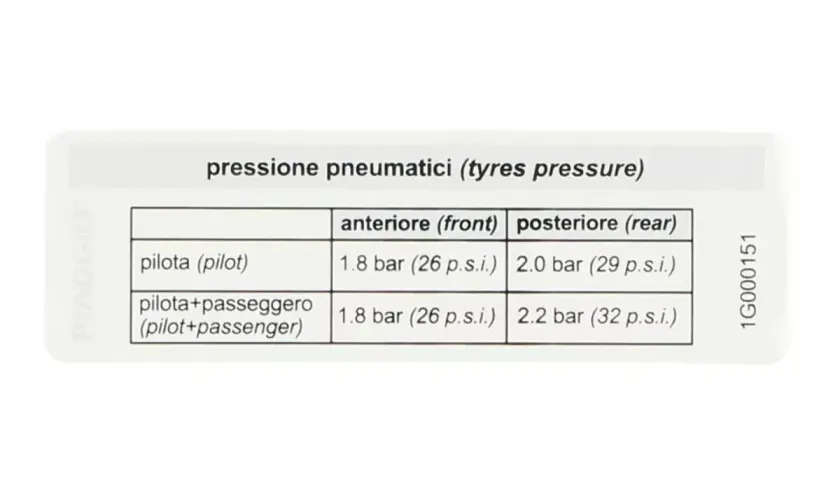 Etiqueta con la presión de neumáticos para Piaggio Liberty 125: 1.8 bar (delante) y 2.0-2.2 bar (detrás).