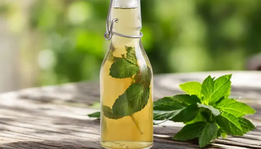 Bouteille de sirop de menthe maison avec des feuilles de menthe fraîche sur une table en bois.