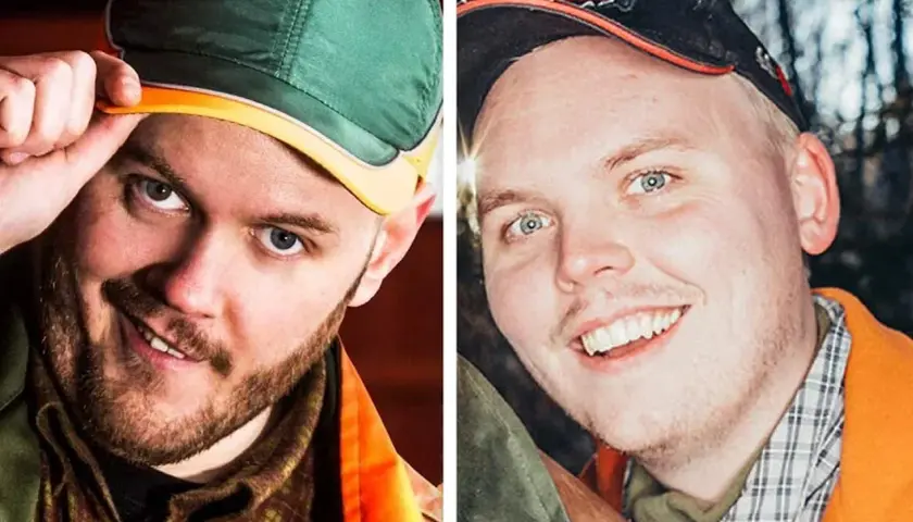 Två närbilder på män med kepsar, en grön och en svart. Kanske från en leif och billy film?