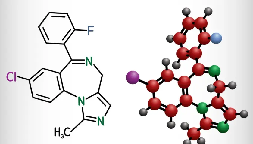 Struktura chemiczna midazolamu, leku z grupy benzodiazepin. Wzór sumaryczny: C₁₈H₁₃ClFN₃.