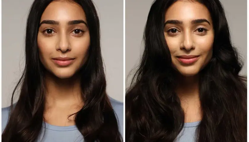 Comparativa de champú en seco: cabello lacio y sin vida antes, y con volumen y brillo después.