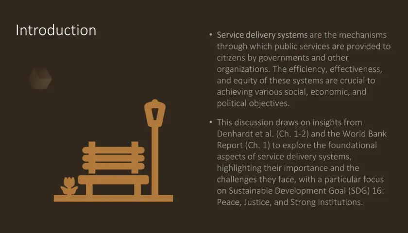 Introduction slide with a park bench icon. Explains why public administration is important for service delivery and achieving social, economic, and political goals.
