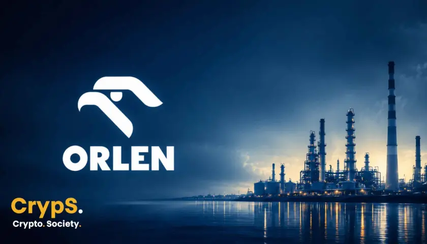 Logo Orlen i Cryps. na tle rafinerii. Orlen rekomendacje dla inwestorów.